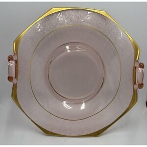 ~ PRETTY ~ Vintage Pink Depression Glass Serving Bowl With Gold Trim & Handles